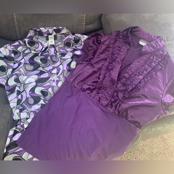 Lot of 2 sz Small tops shirts blouse satin purple retro print - Picture 2 of 9